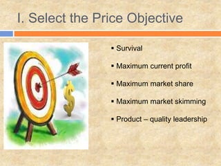 I. Select the Price Objective
 Survival
 Maximum current profit
 Maximum market share
 Maximum market skimming
 Product – quality leadership
 