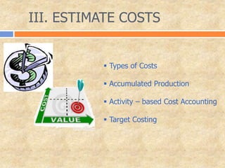 III. ESTIMATE COSTS
 Types of Costs
 Accumulated Production
 Activity – based Cost Accounting
 Target Costing
 