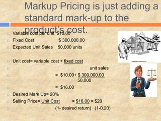 Markup Pricing is just adding a
standard mark-up to the
product’s cost. Variable cost per unit $10.00
 Fixed Cost $ 300,000.00
 Expected Unit Sales 50,000 units
 Unit cost= variable cost + fixed cost
 unit sales
 = $10.00+ $ 300,000.00
50,000
 = $16.00
 Desired Mark Up= 20%
 Selling Price= Unit Cost = $16.00 = $20
 (1- desired return) (1-0.20)
 