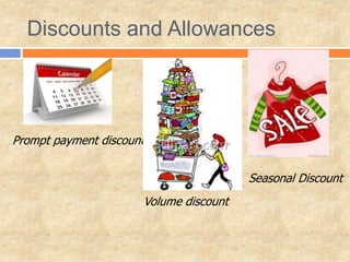 Discounts and Allowances
Prompt payment discount
Volume discount
Seasonal Discount
 
