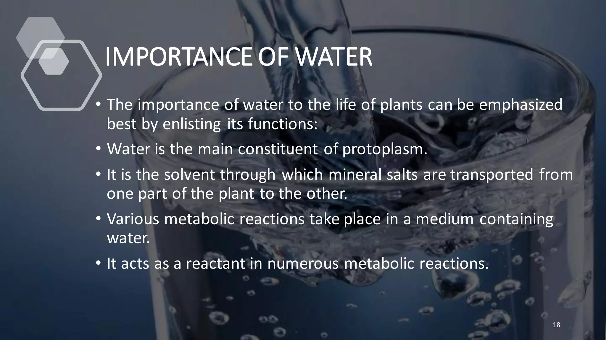 IMPORTANCE OF WATER
• The importance of water to the life of plants can be emphasized
best by enlisting its functions:
• Water is the main constituent of protoplasm.
• It is the solvent through which mineral salts are transported from
one part of the plant to the other.
• Various metabolic reactions take place in a medium containing
water.
• It acts as a reactant in numerous metabolic reactions.
18
 
