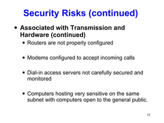 Security Risks (continued) Associated with Transmission and Hardware (continued) Routers are not properly configured Modems configured to accept incoming calls Dial-in access servers not carefully secured and monitored Computers hosting very sensitive on the same subnet with computers open to the general public. 