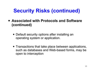 Security Risks (continued) Associated with Protocols and Software (continued) Default security options after installing an operating system or application.  Transactions that take place between applications, such as databases and Web-based forms, may be open to interception 