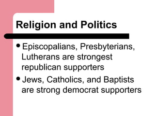 Religion and Politics
Episcopalians, Presbyterians,
Lutherans are strongest
republican supporters
Jews, Catholics, and Baptists
are strong democrat supporters
 