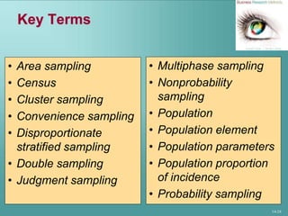 14-24
Key Terms
• Area sampling
• Census
• Cluster sampling
• Convenience sampling
• Disproportionate
stratified sampling
• Double sampling
• Judgment sampling
• Multiphase sampling
• Nonprobability
sampling
• Population
• Population element
• Population parameters
• Population proportion
of incidence
• Probability sampling
 