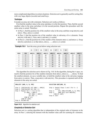 Searching and Sorting 441
Technique
N
∑ POS
∑ POS
∑ POS
] so that ...
Example 14.4
PASS POS ARR[0] ARR[1] ARR[2] ARR[3] ARR[4] ARR[5] ARR[6] ARR[7]
1 1
Kth
POS ...
to
SELECTION SORT(ARR, N)
Step 1: Repeat Steps 2 and 3 for K = 1
to N-1
Step 2: CALL SMALLEST(ARR, K, N, POS)
Step 3: SWAP A[K] with ARR[POS]
[END OF LOOP]
Step 4: EXIT
SMALLEST (ARR, K, N, POS)
Step 1: [INITIALIZE] SET SMALL = ARR[K]
Step 2: [INITIALIZE] SET POS = K
Step 3: Repeat for J = K+1 to N
IF SMALL > ARR[J]
SET SMALL = ARR[J]
SET POS = J
[END OF IF]
[END OF LOOP]
Step 4: RETURN POS
-1
Figure 14.8
Complexity of Selection Sort
n
 