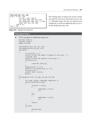 Searching and Sorting 445
Complexity of Merge Sort
The running time of merge sort in the average
case and the worst case can be given as O(n log
n). Although merge sort has an optimal time
complexity, it needs an additional space of O(n)
for the temporary array TEMP.
Programming ExamPlE
8. Write a program to implement merge sort.
#include <stdio.h>
#include <conio.h>
void merge(int a[], int, int, int);
void merge_sort(int a[],int, int);
void main()
{
printf("n Enter the number of elements in the array : ");
scanf("%d", &n);
printf("n Enter the elements of the array: ");
{
scanf("%d", &arr[i]);
}
printf("n The sorted array is: n");
printf(" %dt", arr[i]);
getch();
}
void merge(int arr[], int beg, int mid, int end)
{
while((i<=mid) && (j<=end))
{
if(arr[i] < arr[j])
{
}
else
{
}
}
if(i>mid)
{
while(j<=end)
{
MERGE_SORT(ARR, BEG, END)
Step 1: IF BEG < END
SET MID = (BEG + END)/2
CALL MERGE_SORT (ARR, BEG, MID)
CALL MERGE_SORT (ARR, MID + 1, END)
MERGE (ARR, BEG, MID, END)
[END OF IF]
Step 2: END
Figure 14.9 Algorithm for merge sort
 