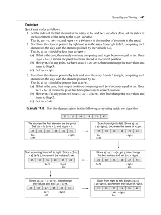 Searching and Sorting 447
Technique
loc
right
loc = = right = n
loc
a[loc] a[right]
right loc
right = loc
a[loc] > a[right]
loc = right
loc
a[loc]
loc
= loc
a[loc] <
loc =
Example 14.6
27 1 36 18 25 45
27 1 36 18 25 45
loc
left
right
We choose the first element as the pivot.
Set , , and .loc = left = right = 5
27 1 36 18 25 45
loc
left
right
Scan from right to left. Since
, decrease the value of .
a[loc]
< a[right] right
25 1 36 18 27 45
left right
loc
Since , interchange
the two values and set .
a[loc] > a[right]
loc = right
25 1 36 18 27 45
left right
loc
Start scanning from left to right. Since a[loc]
> a[left], increment the value of .left
25 1 27 18 36 45
left
loc
right
Since , interchangea[loc] < a[left]
the values and set .loc = left
25 1 27 18 36 45
left
loc
right
Scan from right to left. Since
, decrement the value of .
a[loc]
< a[right] right
 