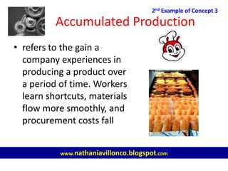 Accumulated Production
• refers to the gain a
company experiences in
producing a product over
a period of time. Workers
learn shortcuts, materials
flow more smoothly, and
procurement costs fall
2nd Example of Concept 3
www.nathaniavillonco.blogspot.com
 
