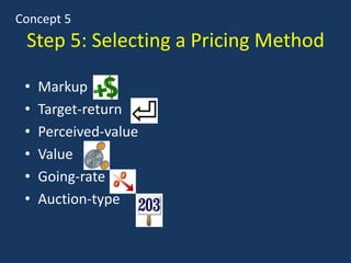 Step 5: Selecting a Pricing Method
Concept 5
• Markup
• Target-return
• Perceived-value
• Value
• Going-rate
• Auction-type
 