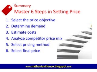 1. Select the price objective
2. Determine demand
3. Estimate costs
4. Analyze competitor price mix
5. Select pricing method
6. Select final price
www.nathaniavillonco.blogspot.com
Summary
Master 6 Steps in Setting Price
 