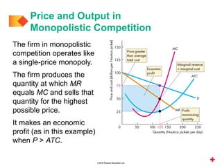 © 2019 Pearson Education Ltd.
The firm in monopolistic
competition operates like
a single-price monopoly.
The firm produces the
quantity at which MR
equals MC and sells that
quantity for the highest
possible price.
It makes an economic
profit (as in this example)
when P > ATC.
Price and Output in
Monopolistic Competition
 