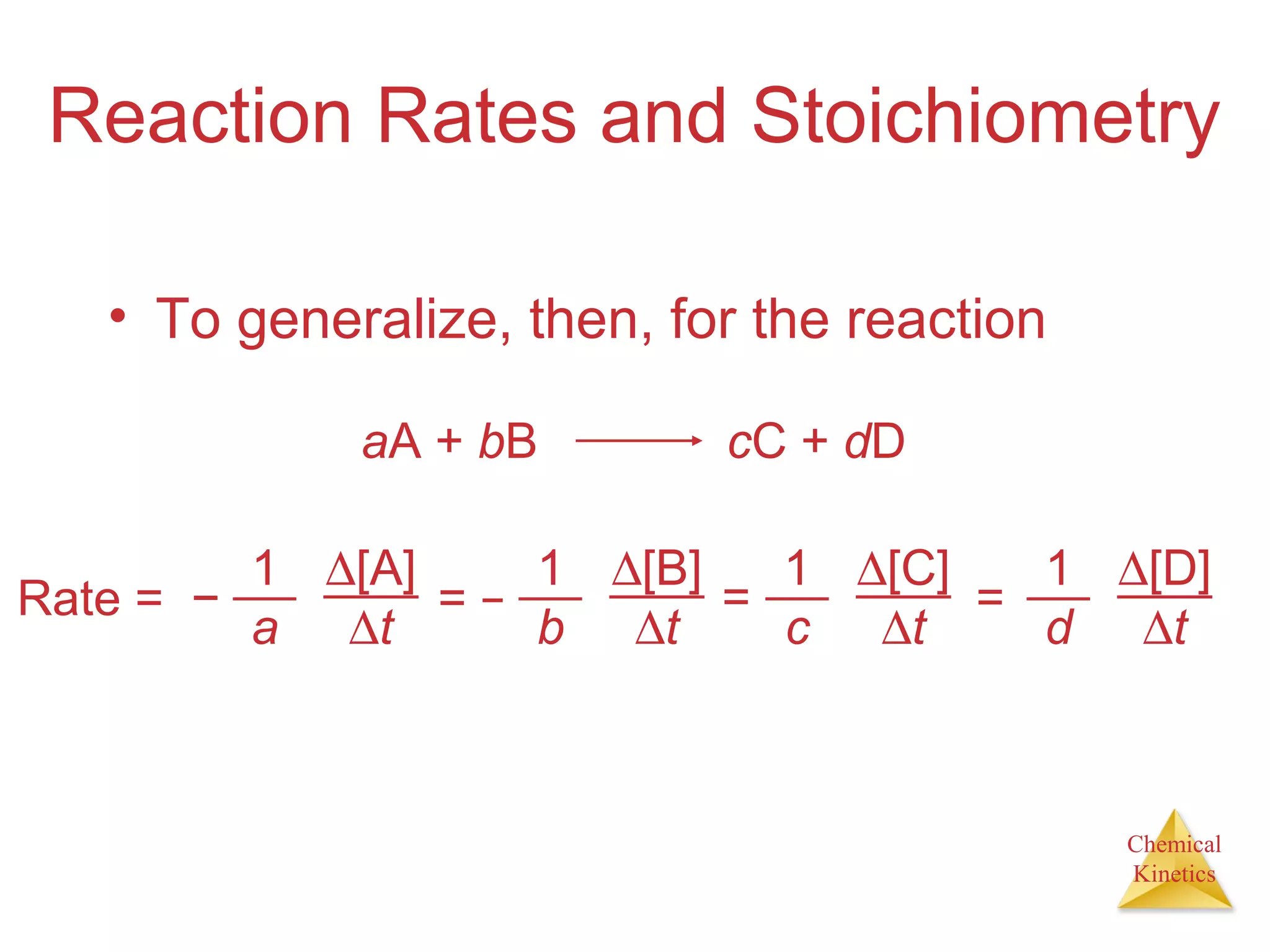 Chemical
Kinetics
Reaction Rates and Stoichiometry
• To generalize, then, for the reaction
aA + bB cC + dD
Rate = −
1
a
∆[A]
∆t
= −
1
b
∆[B]
∆t
=
1
c
∆[C]
∆t
1
d
∆[D]
∆t
=
 