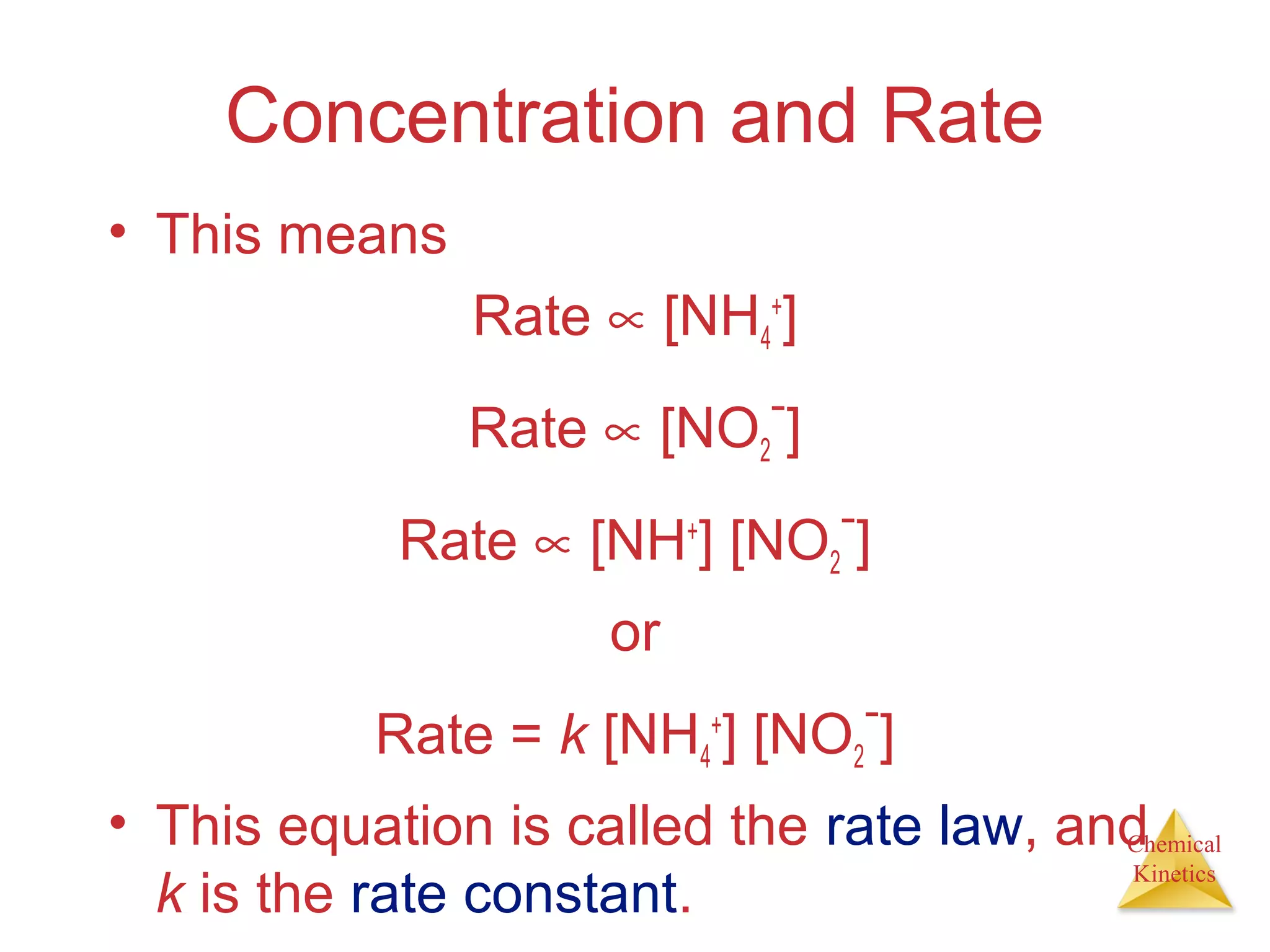 Chemical
Kinetics
Concentration and Rate
• This means
Rate ∝ [NH4
+
]
Rate ∝ [NO2
−
]
Rate ∝ [NH+
] [NO2
−
]
or
Rate = k [NH4
+
] [NO2
−
]
• This equation is called the rate law, and
k is the rate constant.
 