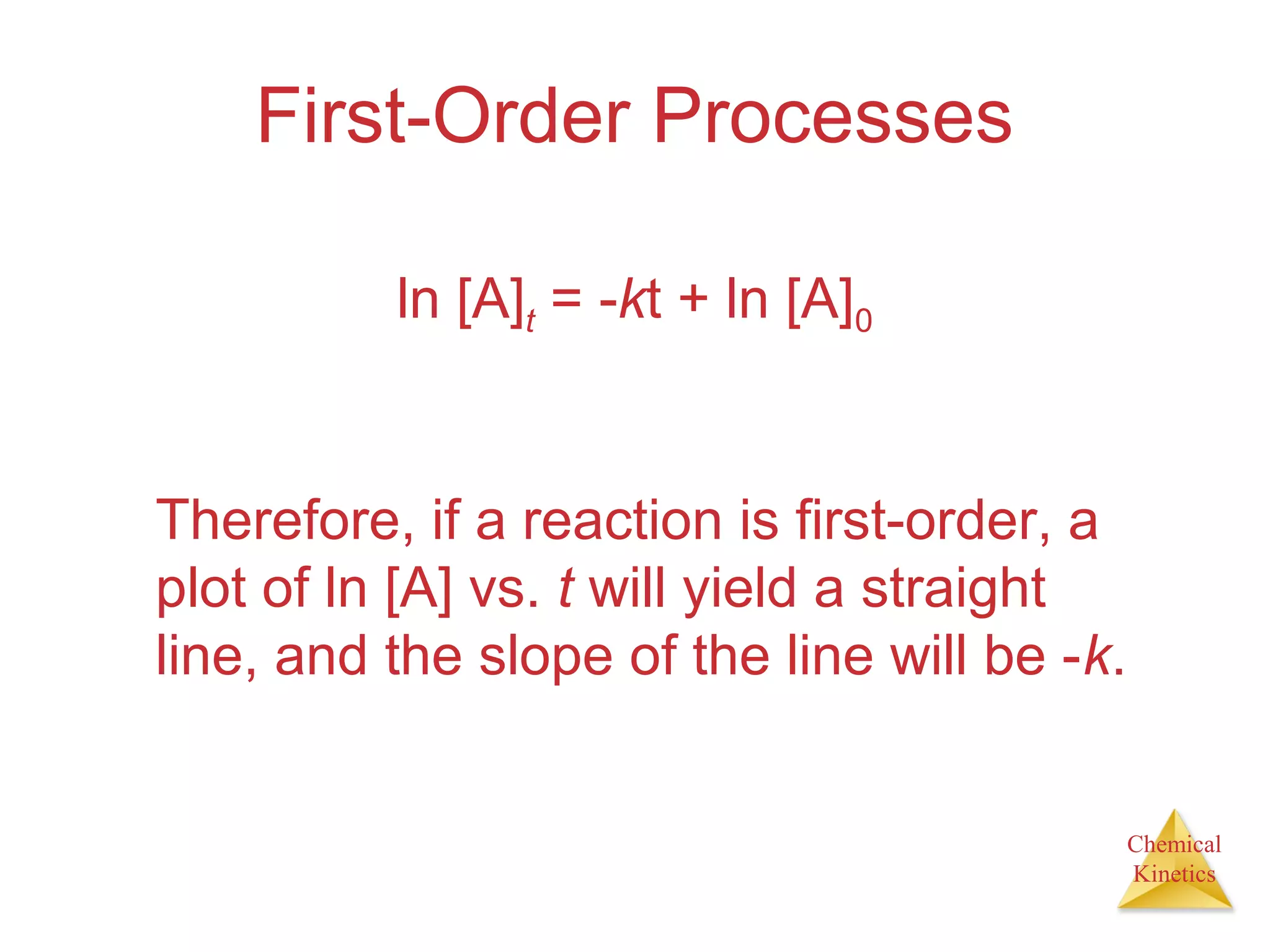 Chemical
Kinetics
First-Order Processes
Therefore, if a reaction is first-order, a
plot of ln [A] vs. t will yield a straight
line, and the slope of the line will be -k.
ln [A]t = -kt + ln [A]0
 