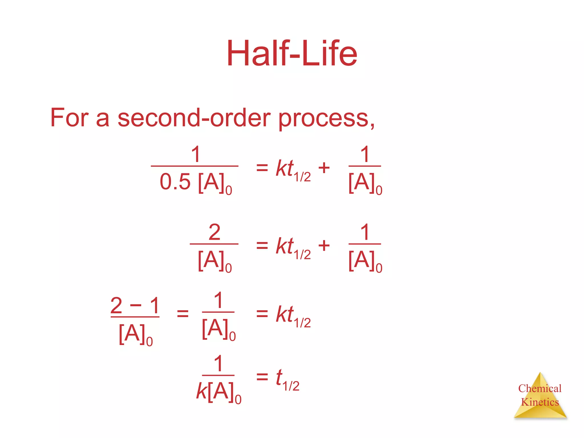 Chemical
Kinetics
Half-Life
For a second-order process,
1
0.5 [A]0
= kt1/2 +
1
[A]0
2
[A]0
= kt1/2 +
1
[A]0
2 − 1
[A]0
= kt1/2
1
[A]0
=
= t1/2
1
k[A]0
 