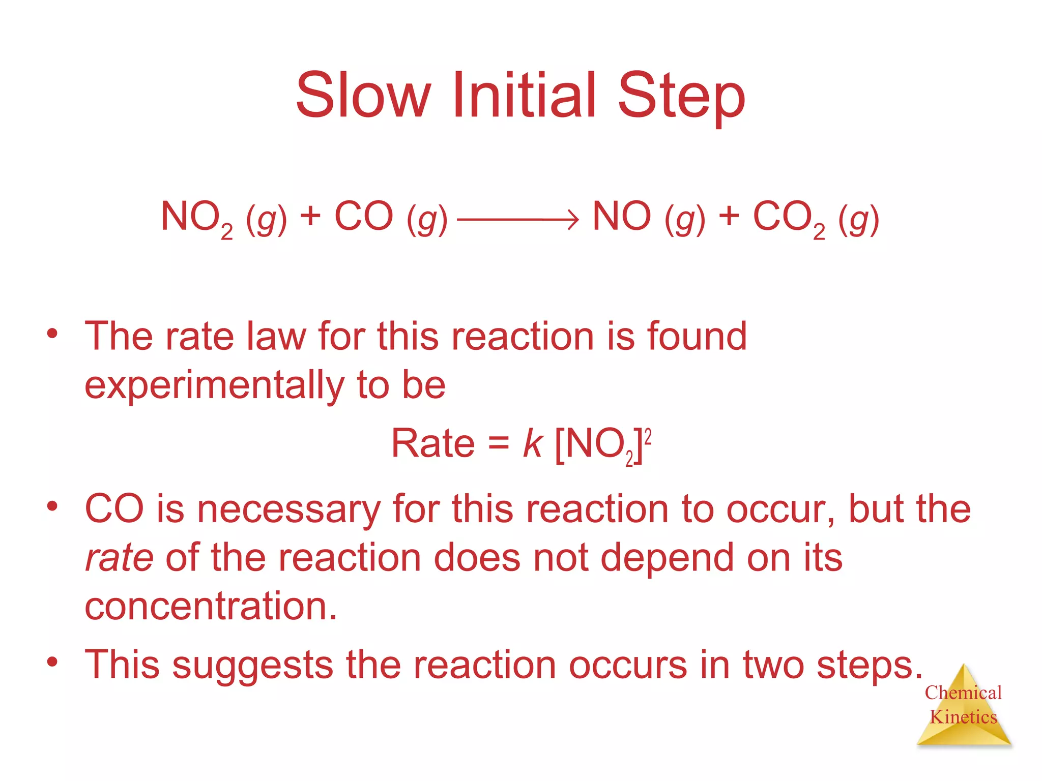 Chemical
Kinetics
Slow Initial Step
• The rate law for this reaction is found
experimentally to be
Rate = k [NO2]2
• CO is necessary for this reaction to occur, but the
rate of the reaction does not depend on its
concentration.
• This suggests the reaction occurs in two steps.
NO2 (g) + CO (g) → NO (g) + CO2 (g)
 