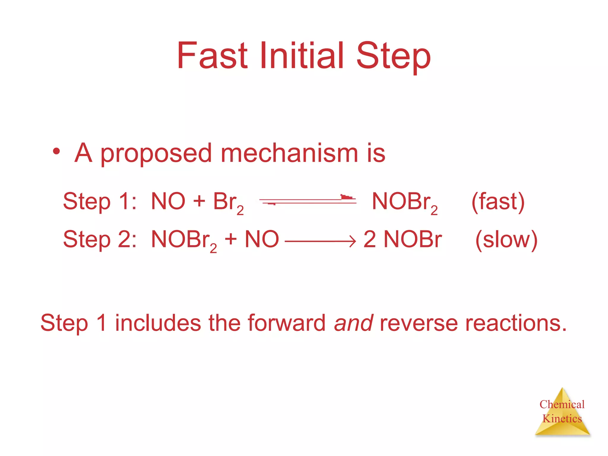 Chemical
Kinetics
Fast Initial Step
• A proposed mechanism is
Step 2: NOBr2 + NO → 2 NOBr (slow)
Step 1 includes the forward and reverse reactions.
Step 1: NO + Br2 NOBr2 (fast)
 
