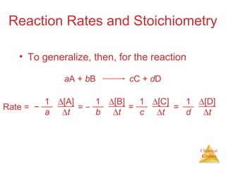 Chemical
Kinetics
Reaction Rates and Stoichiometry
• To generalize, then, for the reaction
aA + bB cC + dD
Rate = −
1
a
∆[A]
∆t
= −
1
b
∆[B]
∆t
=
1
c
∆[C]
∆t
1
d
∆[D]
∆t
=
 