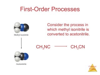 Chemical
Kinetics
First-Order Processes
Consider the process in
which methyl isonitrile is
converted to acetonitrile.
CH3NC CH3CN
 