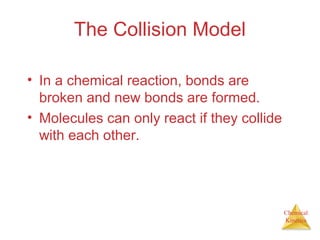 Chemical
Kinetics
The Collision Model
• In a chemical reaction, bonds are
broken and new bonds are formed.
• Molecules can only react if they collide
with each other.
 