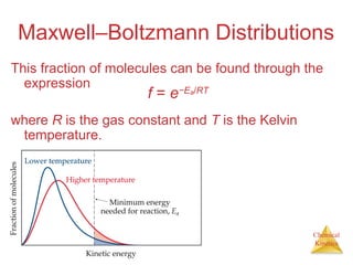 Chemical
Kinetics
Maxwell–Boltzmann Distributions
This fraction of molecules can be found through the
expression
where R is the gas constant and T is the Kelvin
temperature.
f = e−Ea/RT
 
