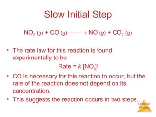 Chemical
Kinetics
Slow Initial Step
• The rate law for this reaction is found
experimentally to be
Rate = k [NO2]2
• CO is necessary for this reaction to occur, but the
rate of the reaction does not depend on its
concentration.
• This suggests the reaction occurs in two steps.
NO2 (g) + CO (g) → NO (g) + CO2 (g)
 