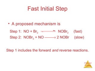 Chemical
Kinetics
Fast Initial Step
• A proposed mechanism is
Step 2: NOBr2 + NO → 2 NOBr (slow)
Step 1 includes the forward and reverse reactions.
Step 1: NO + Br2 NOBr2 (fast)
 
