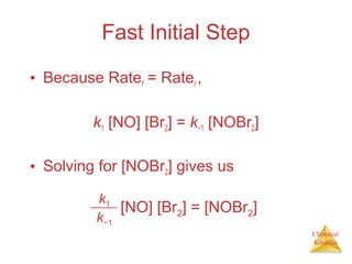 Chemical
Kinetics
Fast Initial Step
• Because Ratef = Rater ,
k1 [NO] [Br2] = k−1 [NOBr2]
• Solving for [NOBr2] gives us
k1
k−1
[NO] [Br2] = [NOBr2]
 