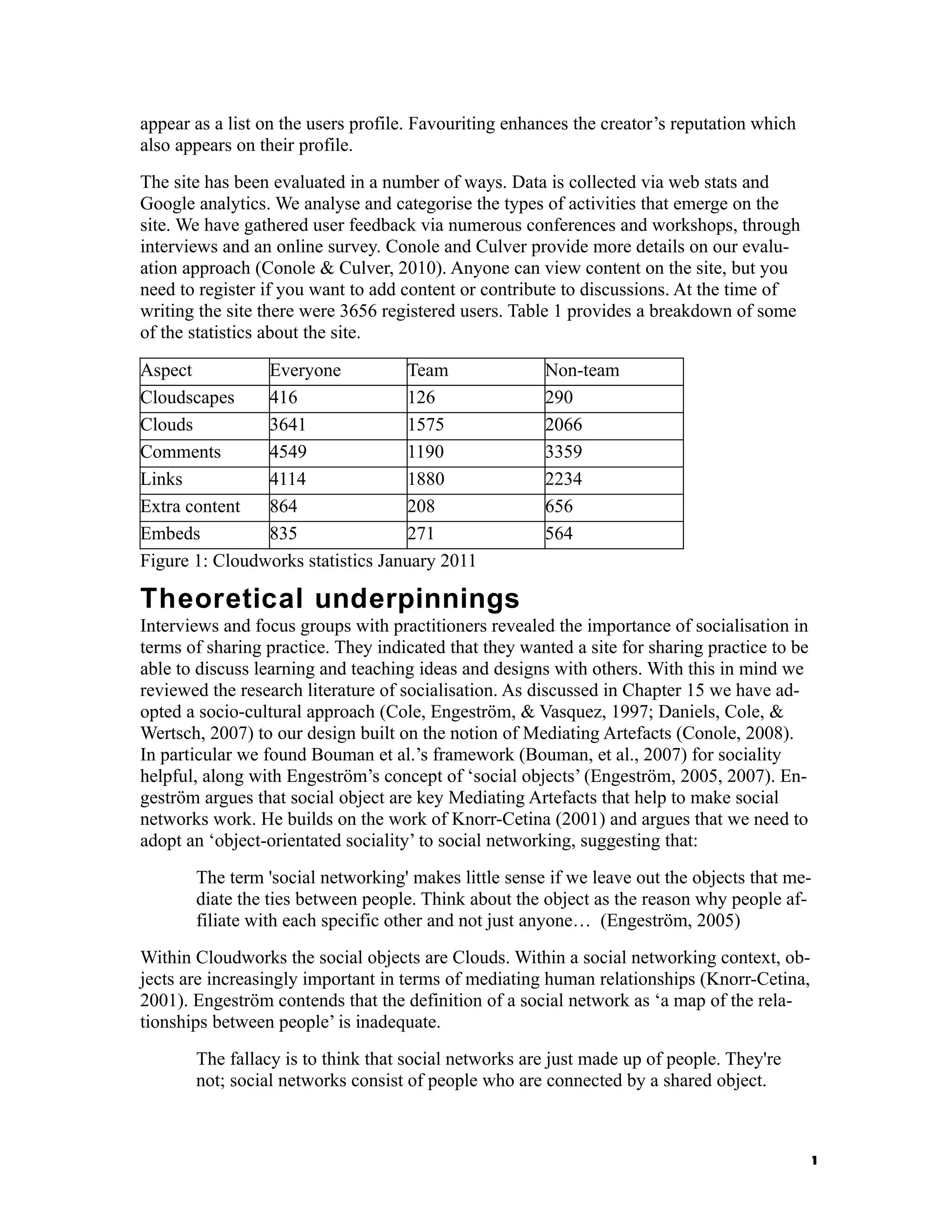 appear as a list on the users profile. Favouriting enhances the creator’s reputation which
also appears on their profile.
The site has been evaluated in a number of ways. Data is collected via web stats and
Google analytics. We analyse and categorise the types of activities that emerge on the
site. We have gathered user feedback via numerous conferences and workshops, through
interviews and an online survey. Conole and Culver provide more details on our evalu-
ation approach (Conole & Culver, 2010). Anyone can view content on the site, but you
need to register if you want to add content or contribute to discussions. At the time of
writing the site there were 3656 registered users. Table 1 provides a breakdown of some
of the statistics about the site.

Aspect          Everyone           Team                Non-team
Cloudscapes     416                126                 290
Clouds          3641               1575                2066
Comments        4549               1190                3359
Links           4114               1880                2234
Extra content   864                208                 656
Embeds          835                271                 564
Figure 1: Cloudworks statistics January 2011

Theoretical underpinnings
Interviews and focus groups with practitioners revealed the importance of socialisation in
terms of sharing practice. They indicated that they wanted a site for sharing practice to be
able to discuss learning and teaching ideas and designs with others. With this in mind we
reviewed the research literature of socialisation. As discussed in Chapter 15 we have ad-
opted a socio-cultural approach (Cole, Engeström, & Vasquez, 1997; Daniels, Cole, &
Wertsch, 2007) to our design built on the notion of Mediating Artefacts (Conole, 2008).
In particular we found Bouman et al.’s framework (Bouman, et al., 2007) for sociality
helpful, along with Engeström’s concept of ‘social objects’ (Engeström, 2005, 2007). En-
geström argues that social object are key Mediating Artefacts that help to make social
networks work. He builds on the work of Knorr-Cetina (2001) and argues that we need to
adopt an ‘object-orientated sociality’ to social networking, suggesting that:
       The term 'social networking' makes little sense if we leave out the objects that me-
       diate the ties between people. Think about the object as the reason why people af-
       filiate with each specific other and not just anyone… (Engeström, 2005)
Within Cloudworks the social objects are Clouds. Within a social networking context, ob-
jects are increasingly important in terms of mediating human relationships (Knorr-Cetina,
2001). Engeström contends that the definition of a social network as ‘a map of the rela-
tionships between people’ is inadequate.
       The fallacy is to think that social networks are just made up of people. They're
       not; social networks consist of people who are connected by a shared object.



                                                                                               1
 