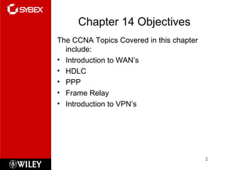 Chapter 14 Objectives The CCNA Topics Covered in this chapter include: Introduction to WAN’s HDLC PPP Frame Relay Introduction to VPN’s 