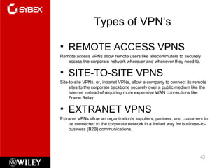 Types of VPN’s REMOTE ACCESS VPNS Remote access VPNs allow remote users like telecommuters to securely access the corporate network wherever and whenever they need to. SITE-TO-SITE VPNS Site-to-site VPNs, or, intranet VPNs, allow a company to connect its remote sites to the corporate backbone securely over a public medium like the Internet instead of requiring more expensive WAN connections like Frame Relay. EXTRANET VPNS Extranet VPNs allow an organization’s suppliers, partners, and customers to be connected to the corporate network in a limited way for business-to-business (B2B) communications. 
