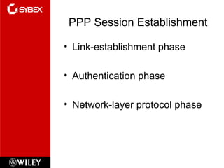 PPP Session Establishment
• Link-establishment phase
• Authentication phase
• Network-layer protocol phase
 