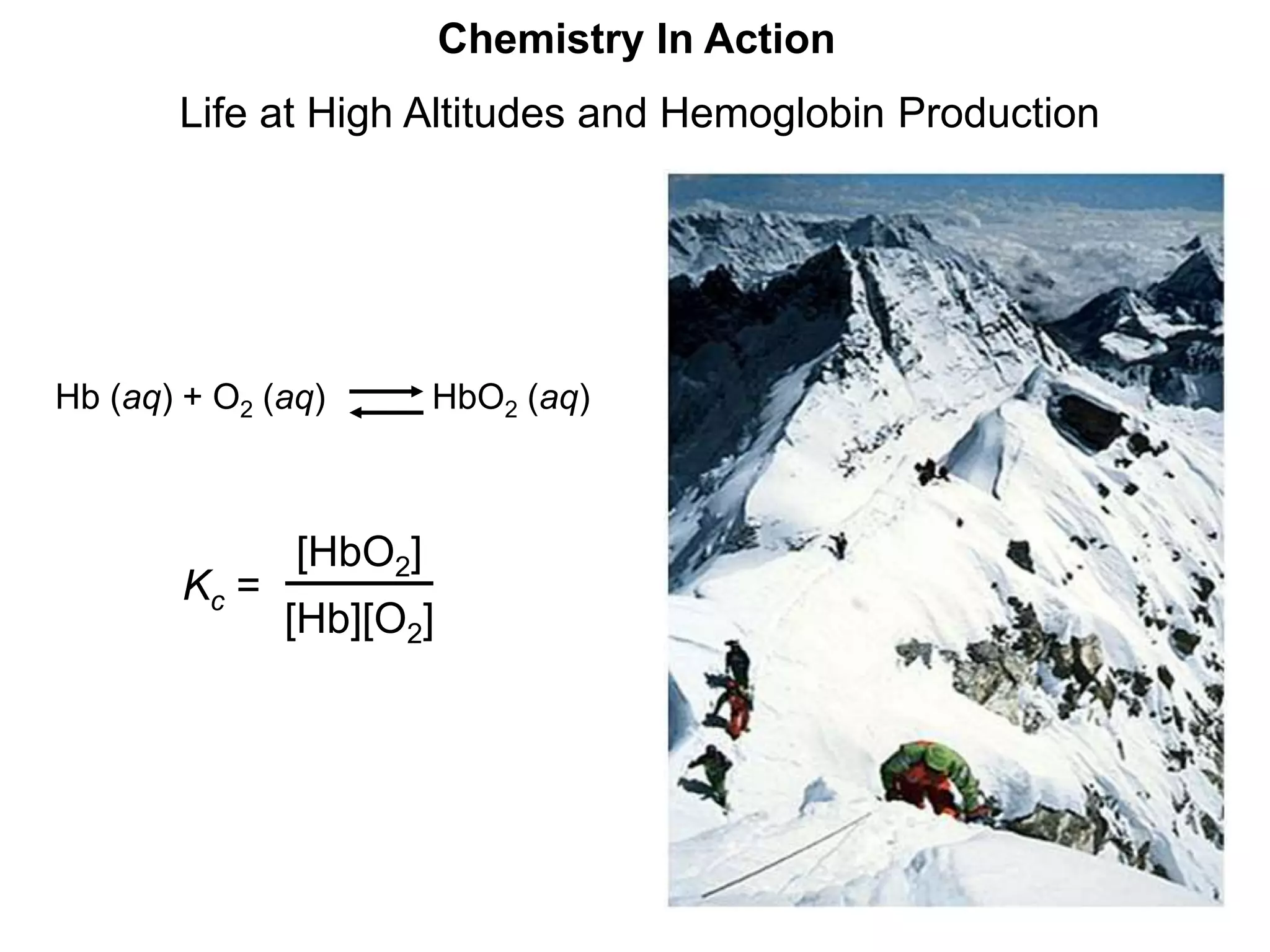 Chemistry In Action
Life at High Altitudes and Hemoglobin Production
Kc =
[HbO2]
[Hb][O2]
Hb (aq) + O2 (aq) HbO2 (aq)
 