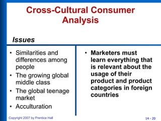 Cross-Cultural Consumer Analysis Similarities and differences among people The growing global middle class The global teenage market Acculturation Marketers must learn everything that is relevant about the usage of their product and product categories in foreign countries Issues 
