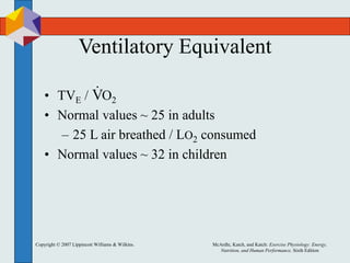 Copyright © 2007 Lippincott Williams & Wilkins. McArdle, Katch, and Katch: Exercise Physiology: Energy,
Nutrition, and Human Performance, Sixth Edition
Ventilatory Equivalent
• TVE / O2
• Normal values ~ 25 in adults
– 25 L air breathed / LO2 consumed
• Normal values ~ 32 in children
V

 