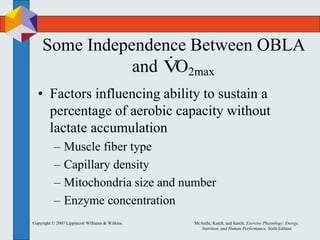 Copyright © 2007 Lippincott Williams & Wilkins. McArdle, Katch, and Katch: Exercise Physiology: Energy,
Nutrition, and Human Performance, Sixth Edition
Some Independence Between OBLA
and O2max
• Factors influencing ability to sustain a
percentage of aerobic capacity without
lactate accumulation
– Muscle fiber type
– Capillary density
– Mitochondria size and number
– Enzyme concentration
V

 
