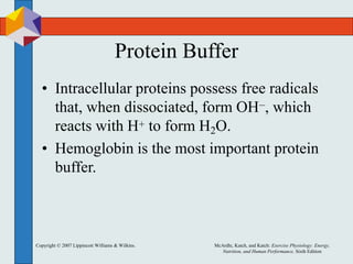 Copyright © 2007 Lippincott Williams & Wilkins. McArdle, Katch, and Katch: Exercise Physiology: Energy,
Nutrition, and Human Performance, Sixth Edition
Protein Buffer
• Intracellular proteins possess free radicals
that, when dissociated, form OH−, which
reacts with H+ to form H2O.
• Hemoglobin is the most important protein
buffer.
 