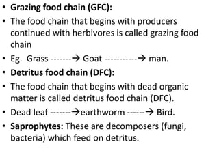 • Grazing food chain (GFC):
• The food chain that begins with producers
continued with herbivores is called grazing food
chain
• Eg. Grass ------- Goat ----------- man.
• Detritus food chain (DFC):
• The food chain that begins with dead organic
matter is called detritus food chain (DFC).
• Dead leaf -------earthworm ------ Bird.
• Saprophytes: These are decomposers (fungi,
bacteria) which feed on detritus.
 