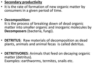 • Secondary productivity
• It is the rate of formation of new organic matter by
consumers in a given period of time.
• Decomposition:
It is the process of breaking down of dead organic
matter into smaller organic and inorganic molecules by
Decomposers (bacteria, fungi).
• DETRITUS: Raw materials of decomposition as dead
plants, animals and animal fecas is called detritus.
• DETRITIVORES: Animals that feed on decaying organic
matter (detritus).
Examples: earthworms, termites, snails etc.
 