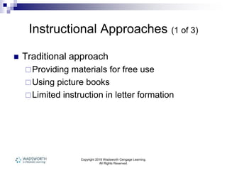 Copyright 2016 Wadsworth Cengage Learning.
All Rights Reserved.
Instructional Approaches (1 of 3)
 Traditional approach
Providing materials for free use
Using picture books
Limited instruction in letter formation
 