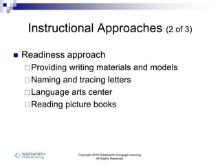 Copyright 2016 Wadsworth Cengage Learning.
All Rights Reserved.
Instructional Approaches (2 of 3)
 Readiness approach
Providing writing materials and models
Naming and tracing letters
Language arts center
Reading picture books
 