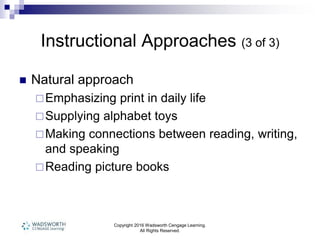 Copyright 2016 Wadsworth Cengage Learning.
All Rights Reserved.
Instructional Approaches (3 of 3)
 Natural approach
Emphasizing print in daily life
Supplying alphabet toys
Making connections between reading, writing,
and speaking
Reading picture books
 