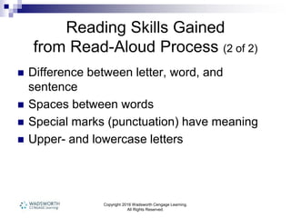 Copyright 2016 Wadsworth Cengage Learning.
All Rights Reserved.
Reading Skills Gained
from Read-Aloud Process (2 of 2)
 Difference between letter, word, and
sentence
 Spaces between words
 Special marks (punctuation) have meaning
 Upper- and lowercase letters
 