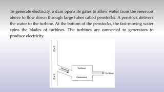 To generate electricity, a dam opens its gates to allow water from the reservoir
above to flow down through large tubes called penstocks. A penstock delivers
the water to the turbine. At the bottom of the penstocks, the fast-moving water
spins the blades of turbines. The turbines are connected to generators to
produce electricity.
 