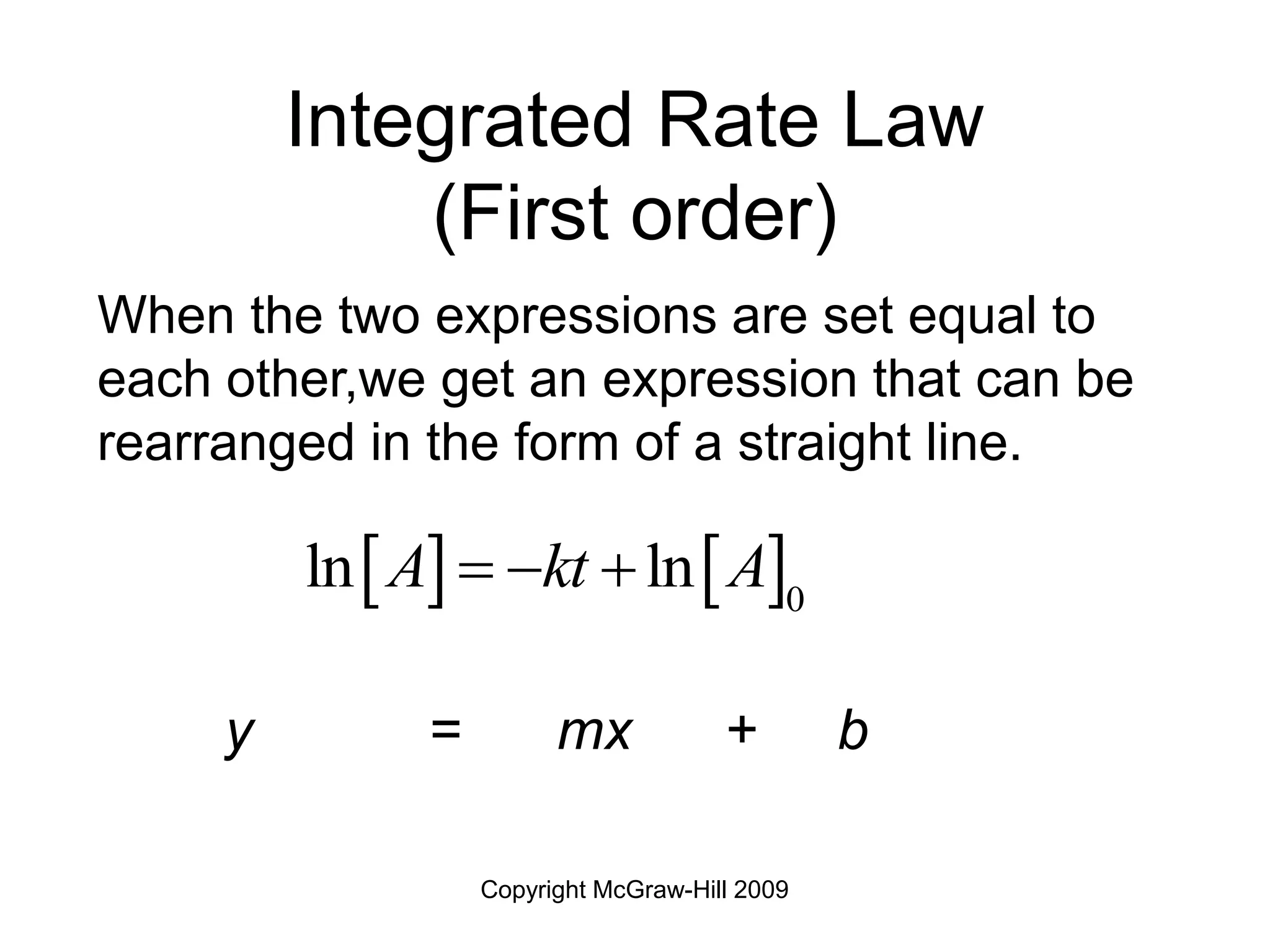 Copyright McGraw-Hill 2009
Integrated Rate Law
(First order)
y = mx + b
When the two expressions are set equal to
each other,we get an expression that can be
rearranged in the form of a straight line.
   0
ln ln
A kt A
  
 