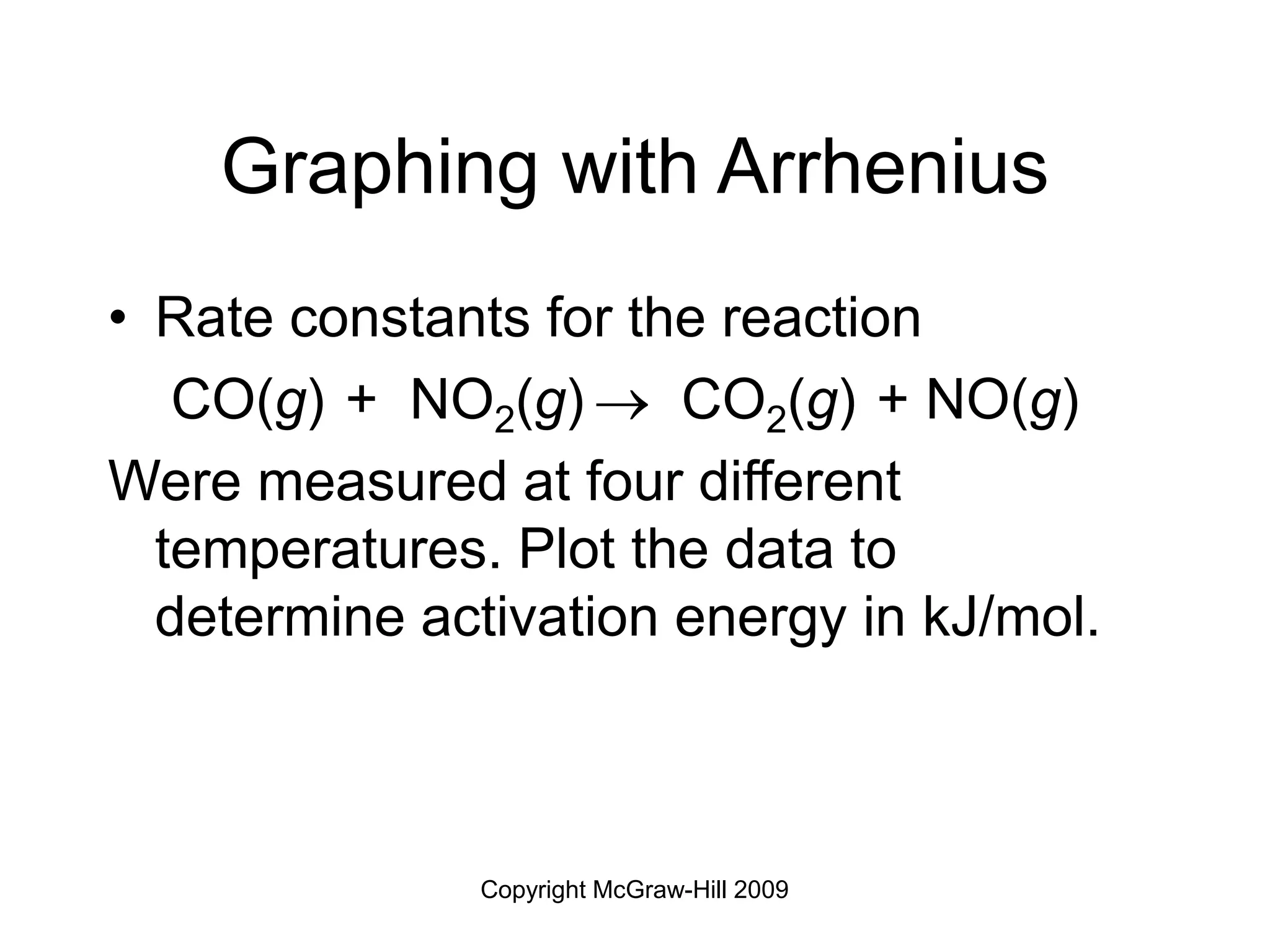 Copyright McGraw-Hill 2009
Graphing with Arrhenius
• Rate constants for the reaction
CO(g) + NO2(g)  CO2(g) + NO(g)
Were measured at four different
temperatures. Plot the data to
determine activation energy in kJ/mol.
 