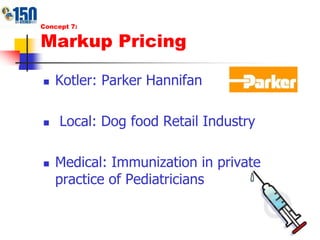 Concept 7:Markup PricingKotler: Parker Hannifan Local: Dog food Retail IndustryMedical: Immunization in private practice of Pediatricians