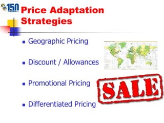Price Adaptation StrategiesGeographic PricingDiscount / AllowancesPromotional PricingDifferentiated Pricing