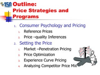 Outline: Price Strategies and ProgramsConsumer Psychology and PricingReference PricesPrice –quality InferencesSetting the PriceMarket –Penetration PricingPrice OptimizationExperience Curve PricingAnalyzing Competitor Price Mix